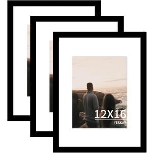 YESKAY 12x16 Picture Frame 3 Pack - Black Poster Frame Display Pictures 8.5x11 with Mat or 12 x 16 Without Mat for Wall Hanging Horizontal and Vertical