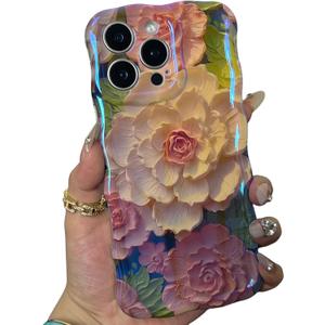 RoyMonkey Magnetic Case for iPhone 16 Pro Compatible with MagSafe - Aesthetic Aurora Flower Pattern - Full Camera Protection Wavy Glossy Phone Case Cover, Pink