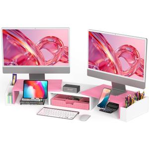 Simple Houseware Desk Dual Monitor Stand Riser with Drawer, Pink