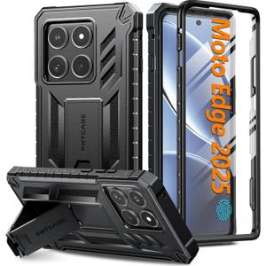 FNTCASE for Motorola Edge 2025 Case: Military Grade Drop Proof Protection Mobile Cover with Kickstand | Matte Textured Rugged Shockproof TPU | Protective Sturdy Phone Case - Black