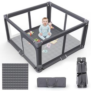 Foldable Baby Playpen with Mat, 50"x50" Safety Play Yard for Babies & Toddlers - Indoor & Outdoor Use with Carry Bag - Collapsible, Portable Play Yard, Dark Gray