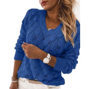 Women's V Neck Long Sleeve Pullover Sweater Lightweight Knit Sweaters Novelty Sweaters (X-Large, Blue)