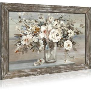 Floral Bouquet Wooden Framed Picture: Vintage Botanical Flowers in Crystal Vase Wall Art Artwork Print Rustic Abstract Nature Plant Painting for Living Room Bedroom Farmhouse (24"L x 16"W)