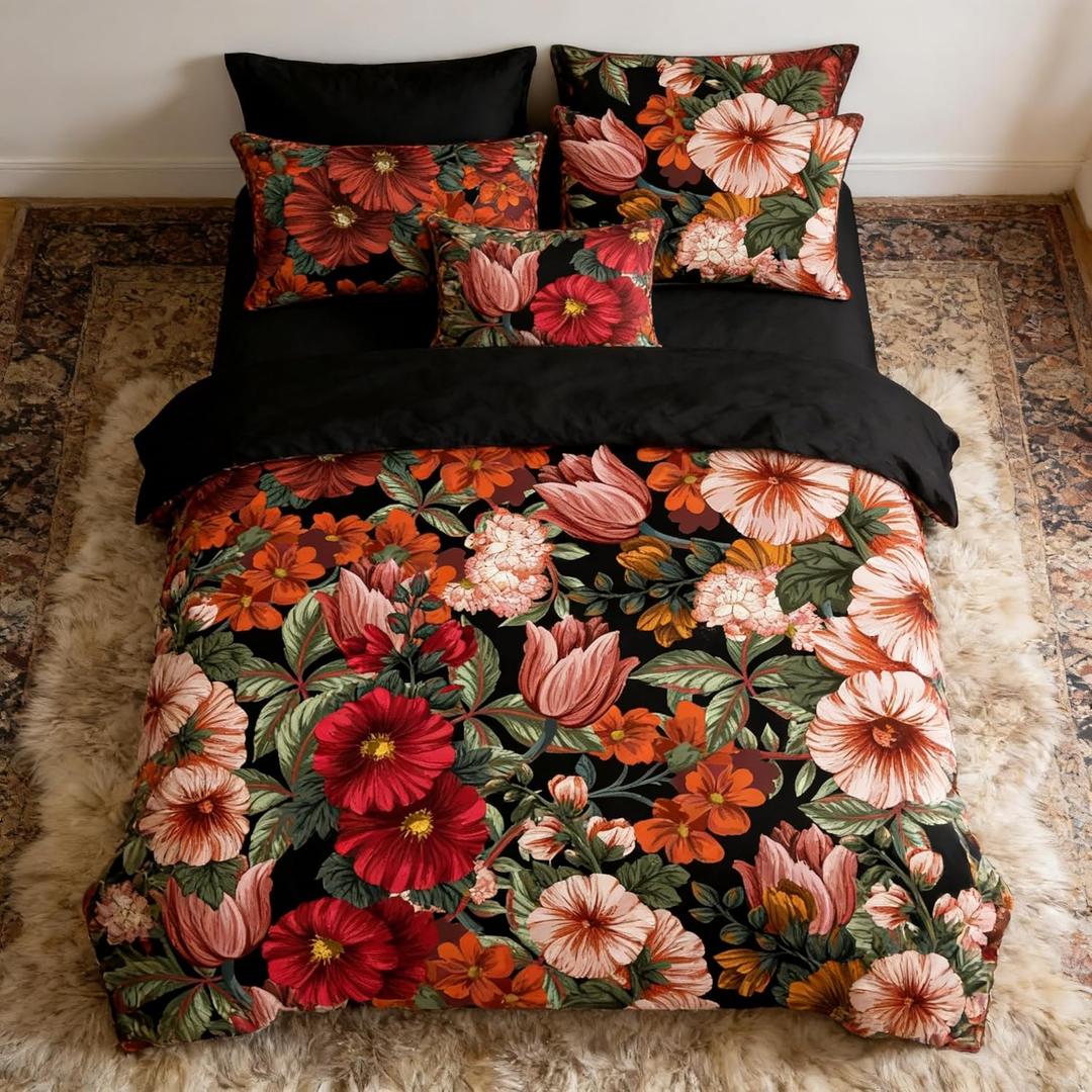 CCoutueChen Black Floral Comforter Set Queen Size, Tropical Vintage Botanical Bedding Set for Women - 3 Pieces Soft Fluffy Microfiber Comforter with 2 Pillowcases, 90"x90"