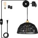 Plug in Pendant Light, Hanging Lights with 15ft Cotton Cord & Stepless Dimming Switch, Handwoven Hemp Rope Lampshade, Black Rattan Lamp for Dining Room,Hallway