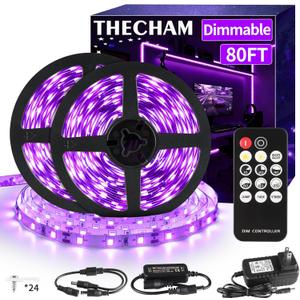 THECHAM 80ft Black Light Strip with Remote, 1440 LEDs, 12V Flexible Blacklights for Glow Party, Adjust Brightness, Delay Off, 3 Light Modes, Indoor Fluorescent Party, Stage Lighting