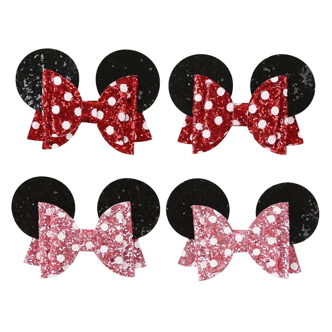 Mouse Ears Hair Bow Clips Polka Dot Barrettes for Girls Glitter Accessories Birthday Party Decorations (red & pink)
