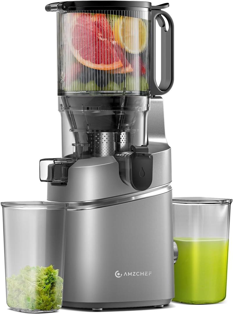 Juicer Machines, AMZCHEF 5.3-Inch Self-Feeding Masticating Juicer Fit Whole Fruits & Vegetables, Cold Press Electric Juicer Machines with High Juice Yield, Easy Cleaning, 250W-Grey (Grey)