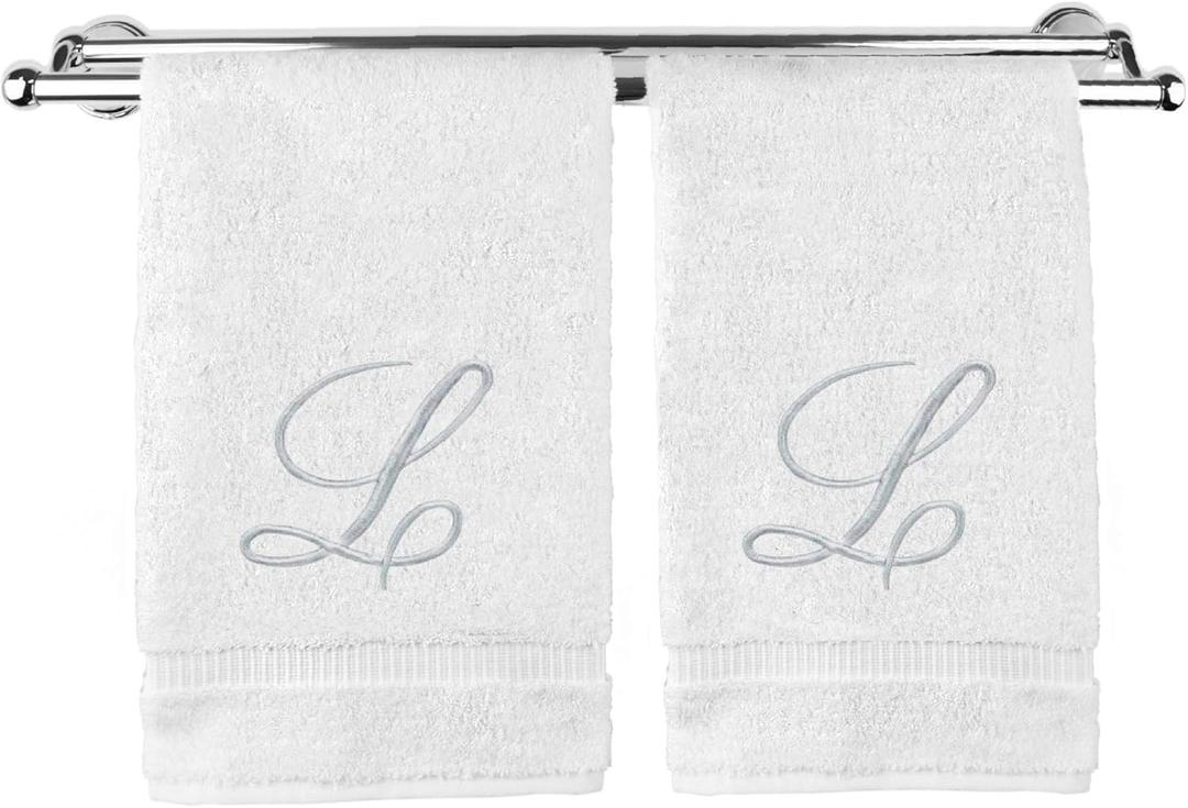 Monogrammed Washcloth Towel, Personalized Gift, 13x13 Inches - Set of 2 - Silver Script Embroidered Towel - Extra Absorbent 100% Turkish Cotton - Soft Terry Finish - Initial L White