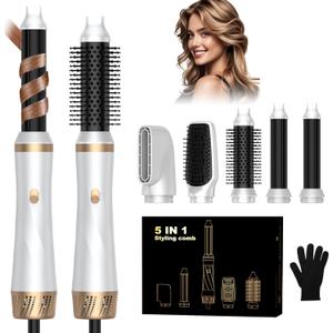 5 in 1 Hair Dryer Brush Set, Blow Dryer Brush with Air Style Wrap Hair Styler, Negative Ionic Magic Style Set, Detachable Air Curler for Volumizer,Straightener,Drying (Gold)