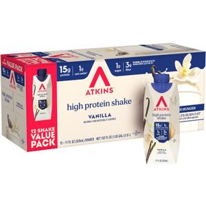 Atkins Creamy Vanilla High Protein Shake, 15g Protein, Low Glycemic, Low Carb and Low Sugar Shakes, Keto Friendly, 12 Vanilla Flavored Protein Shakes