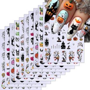 10Sheets Halloween Cute Cartoon Nails Art Stickers Ghost Mushroom Skull Pumpkin Nail Decals Black Cat Spider Bat Nail Supplies Colorful Rabbits Designs Nail Accessories for Women Manicure DIY Decor