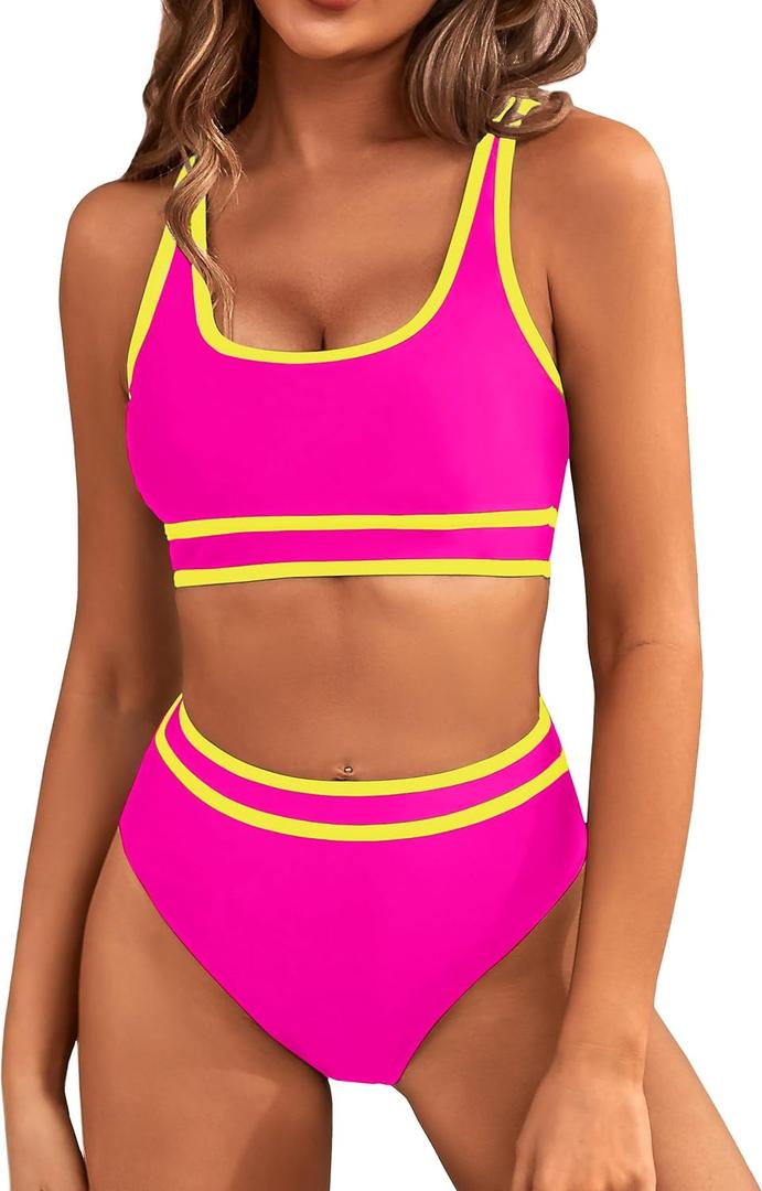 BMJL Women's High Waisted Bikini Sets Sporty Two Piece Swimsuits Color Block Cheeky High Cut Bathing Suits (Medium)