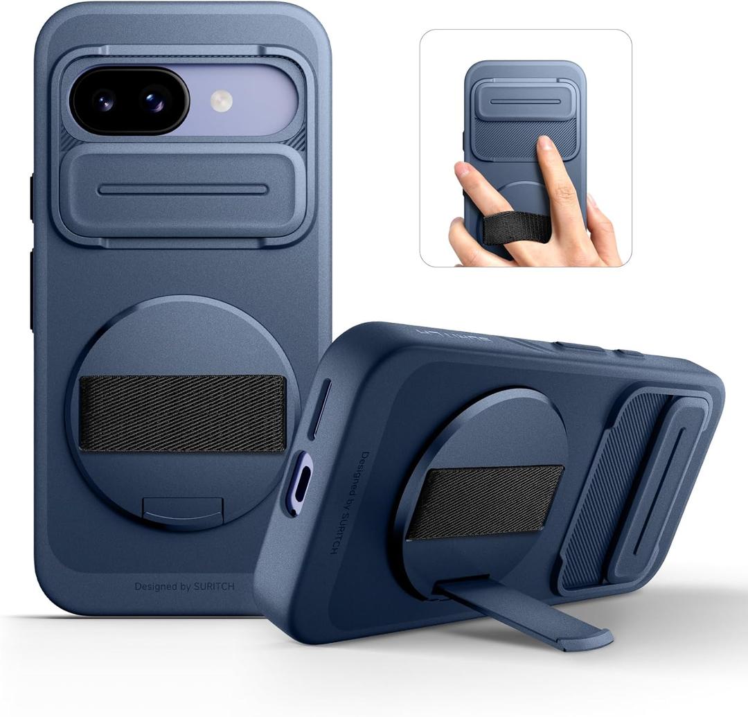 SURITCH for Google Pixel 9a Case with 360° Rotatable Hand Strap Phone Grip Holder & Invisible Kickstand & Slide Camera Cover, Slim Rugged Shockproof Protective Cover for Pixel 9a, Dark Blue