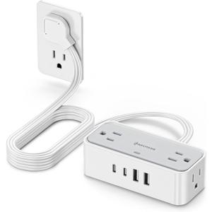 REALMADE 10 FT Flat Plug Extension Cord, 4 AC Outlets 4 USB Surge Protector Power Strip, 950 Joules Protection, Wall Mount Desk Charging for Home Office, White & Gray
