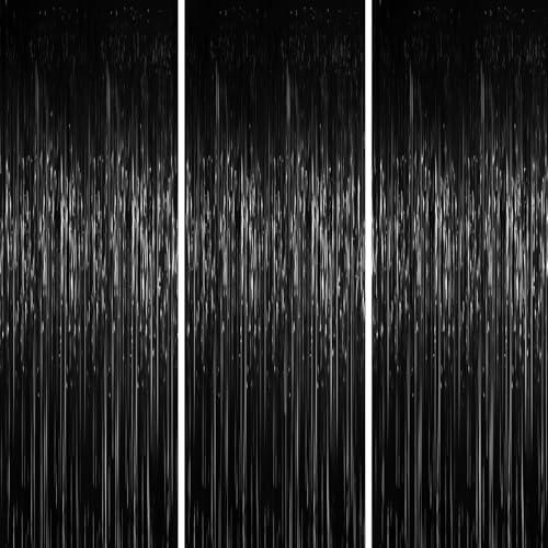 Voircoloria 3.3 x 6.6 ft Foil Fringe Backdrop Curtains, Tinsel Streamers Party Decorations, Fringe Backdrop for Birthday, Baby Shower, Gender Reveal, Graduation (3, Black)
