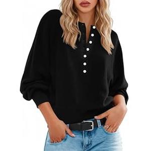 Henley Pullover Sweaters for Women Spring Button Long Sleeve Dressy Casual Loose Cozy Knit Tops Trendy Outfits (XL, Gray)