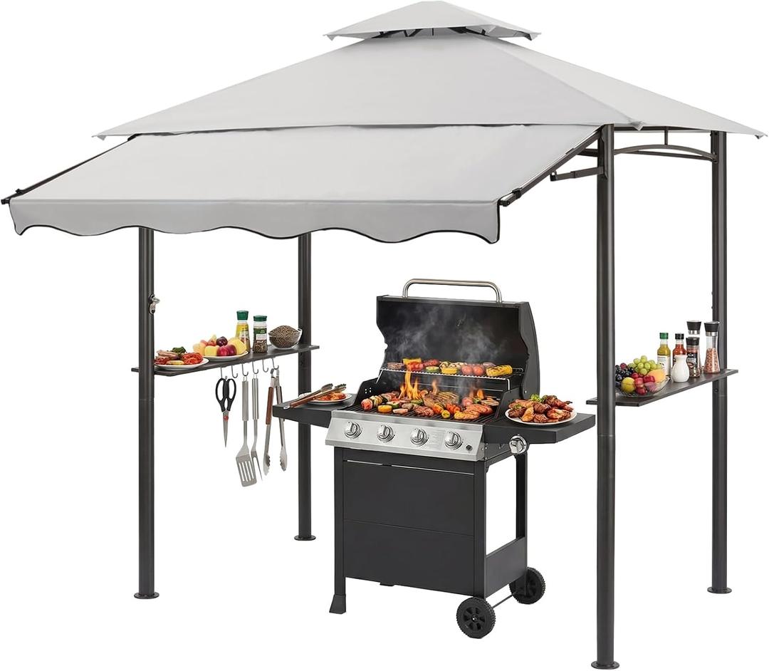 CHARMELEON 8x8 FT Grill Gazebo, Grill Canopy with Big Awning&2 Side Shelves&6 Hooks&Bottle Opener, Powder-Coated Steel BBQ Shelter for Patio Backyard Outdoor Grilling-Light Gray