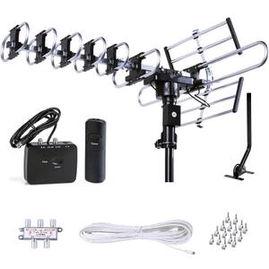 Five Star Outdoor HD TV Antenna Strongest Up to 200 Miles Long Range with Motorized 360 Degree Rotation, UHF/VHF/FM Radio Infrared Remote Control with Installation Kit and Jpole Five Star Outdoor HD TV Antenna Strongest Up to 200 Miles Long Range with Motorized 360 Degree Rotation, UHF/VHF/FM Radio Infrared Remote Control with Installation Kit and Jpole