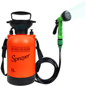 Portable Shower Orange 5L with 7 Spray Modes, Hand Press with Removable Hose and Shower Head (1.3gal)