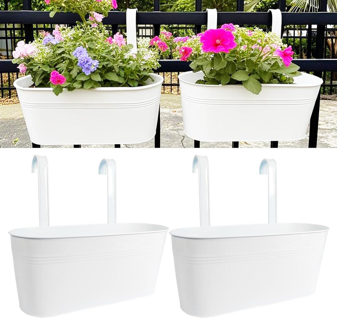 Hanging Planters for Outdoor Plants, 17" Railing Planter Pots, Metal Fence Flower Pot for Porch Balcony with Detachable Hook (White, Pack of 2)