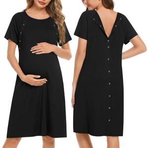 Ekouaer Womens Nursing/Delivery/Labor/Hospital Nightdress Short Sleeve Maternity Nightgown with Button (Medium, Black)