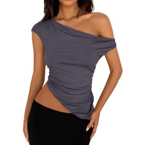 PRETTYGARDEN Womens 2026 Summer Off The Shoulder Crop Tops Sleeveless One Shoulder Ruched Asymmetrical Y2K Going Out Tank Top (S)