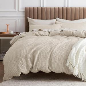 Bedsure Cotton Duvet Cover Set - 100% Cotton Waffle Weave Beige Duvet Cover Oversized King Size, GentleSoft and Breathable Bedding Set for All Season, 3 Pieces, 120"x98"