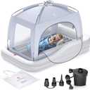 QPAU Inflatable Toddler Travel Bed with Tent, Baby Crib Tent, Portable Kids Air Mattress with Safety Bumpers, Ideal for Home, Grandma's, Camping, Traveling -Includes Fast Electric Pump (Grey)