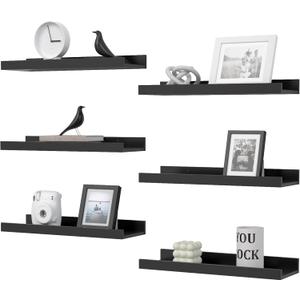 Floating Shelves Set of 6, Black Wall Shelves with Lip, Display Shelves for Wall Decor, Modern Picture Ledge for Living Room, Bedroom, Nursery, Bathroom, Pictures, Books, Plants- Black (Modern Black)