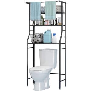 UDEAR 3-Tier Over The Toilet Rack,Bathroom Shelf Space Saver,Corner Stand Storage Organizer Accessories,The Washing Machine,with Hanging Rod,Tower Shelf,Black, 24.89 cm x 68.07 cm x 163.07 cm