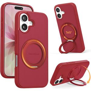 for iPhone 17 Case [360 Rotatable Stand][17FT Military-Grade Drop Protection][Premium PU Leather] Tactile Clicking Sound Slim Magnetic Kickstand iPhone 17 Cover, Red