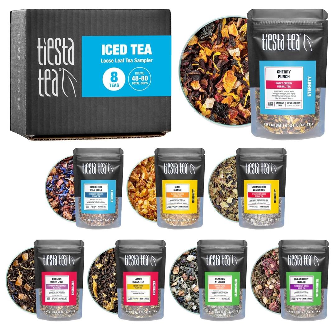 Tiesta Tea - Iced Tea Sampler Dry Flight Set, Loose Leaf, High to No Caffeine, Makes Cold Brew Iced Drink, Assorted Brew Sets with Herbal, Black, Fruit Blends & More, 8 Resealable Sample Pouches (EXP 11/21/27)