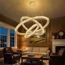 Crystal Chandelier Modern Dimmable LED Ceiling Light Fixture with Remote 3 Rings Stainless Steel Pendant Lighting for Living Room Dining Room Foyer Gold, 3-Ring 32"