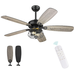 Melkelen Farmhouse Ceiling Fans, 52 Inch Ceiling Fans with Lights and Remote Control, Rustic Barnwood Blades, Industrial Cage Light, Matte Black (MK03-BK)