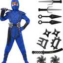 Spooktacular Creations Halloween Ninja Costume Kids, Ninja Dragon Jumpsuit Set, Boys Halloween Costume for DressUp Party (Medium(8-10 yrs), Blue+black)