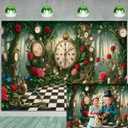 Halloween Wonderland Backdrop Tea Party Enchanted Garden Floral Green Grass Fairy Clock Checkerboard Photography Background Baby Shower Newborn Kids Birthday Party Banner Photo Props 7x5FT