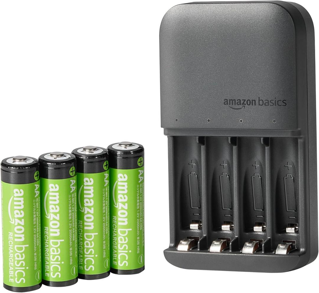 Amazon Basics 4-Bay Battery Charger for AA & AAA Rechargeable Batteries with Rechargeable AA NiMh Batteries, 4 count (Pack of 1), Type A (American) Plug, Black