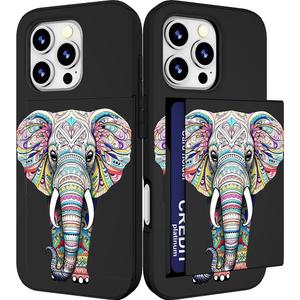Compatible with iPhone 16 Promax Case Cute with Card Holder Shockproof Slim Slot Pro Max Phone Wallet Cover for Women/African Elephant Design Animal Ethnic Stylized Pink