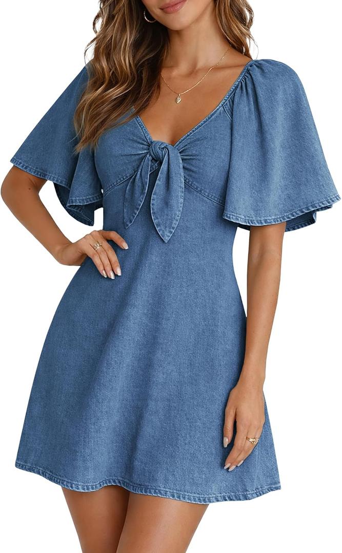 BISUAL Womens Denim Dress Bow Tie V Neck Flutter Sleeve Summer Casual Jean Dresses 2026 Western Outfits (X-Large, Blue)