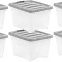 Amazon Basics Plastic Storage Containers with Secure Latching Lids, Stackable Organization Bins, Clear/Grey, 19 Quart, Set of 6