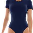 Walifrey Short Sleeve Bodysuits for Women Round Neck Basic Stretchy T Shirts Bodysuits Tops (Medium, Navy)