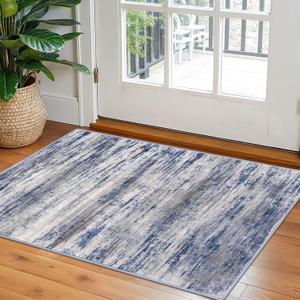 KOZYFLY Modern Abstract Rugs for Entryway 2x3, Washable Kitchen Rug Non-Slip Soft Small Area Rug, Grey-Blue Striped Throw Rugs Faux Wool Doormat for Bedside Entrance Bathroom Sink