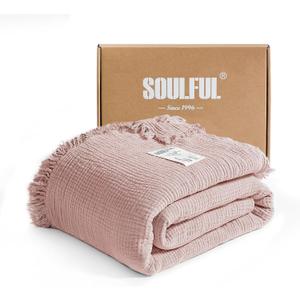 SOULFUL Muslin Throw Blanket with Tassels - Soft Full Size Cotton Throw Blanket for Couch or Bed, Lightweight and Breathable Gauze for All Seasons, LightChampagne, 66" x 90"