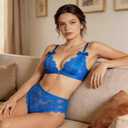 Women's Floral Lace Bra and Panty 2 Piece Lingerie Set Sexy V Neck Adjustable Strap Hollow Out Sheer Sleepwear (M)