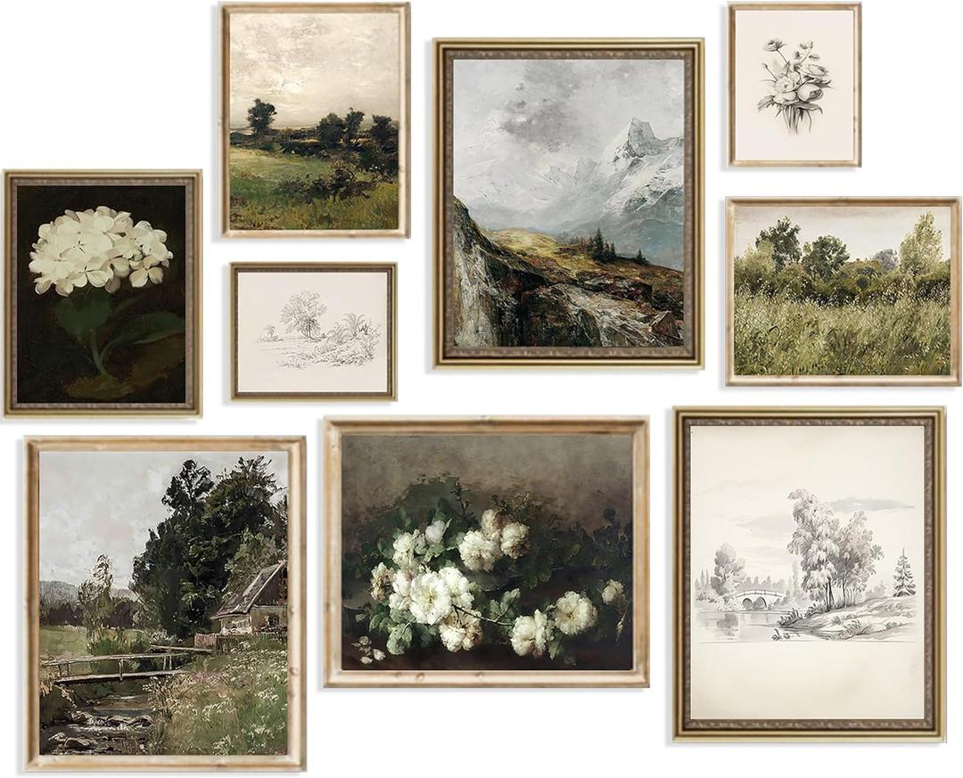 Vintage Wall Art French Country Wall Decor, Vintage Posters for Room Aesthetic Picture, Dark Green Antique European Landscape Flower Meadow Gallery Canvas Art Prints Painting for Bedroom Living Room, (9pcs)