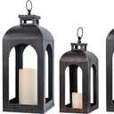 LED Lantern Decorative Outdoor&Indoor, Set of 4 (17’’&13’’) Black Metal Lanterns Decor, Vintage Hanging Candle Holder for Home Porch Wedding Halloween Christmas Decorations Battery Powered