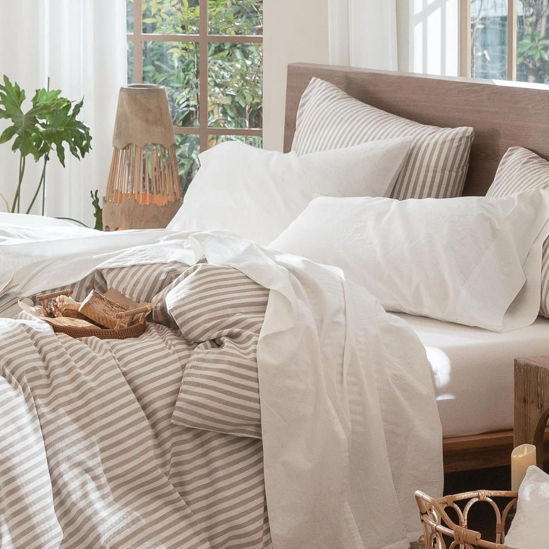 MooMee Bedding Sheet Set 100% Washed Cotton Linen Like Textured Breathable Durable Soft Comfy (Solid Off White, Queen)