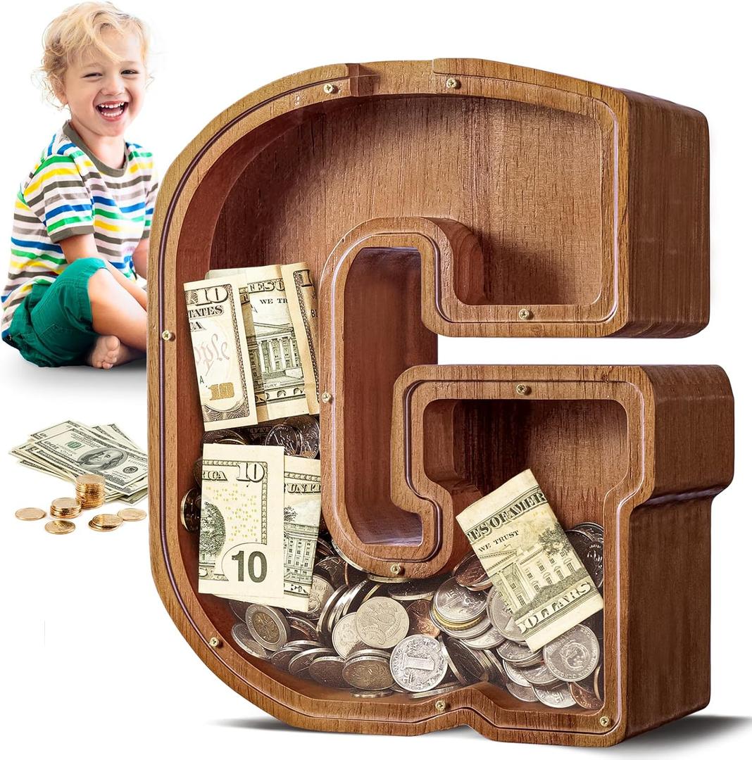 Summidate Large Wooden Piggy Bank for Kids Adults, Letter G Money Bank for Boys Girls, Personalized Initial Alphabet Bank for Coins Bills Change, Birthday and Decor