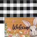 Duraaamo 2 Pcs Easter Coir Doormat Outdoor Rug Bunny Welcome Door Mat Layered Buffalo Plaid Black White Checkered Rug Coir Easter Mat for Outdoor Front Porch Entryway Decor